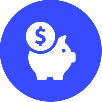 A blue circle with a white pig and dollar sign